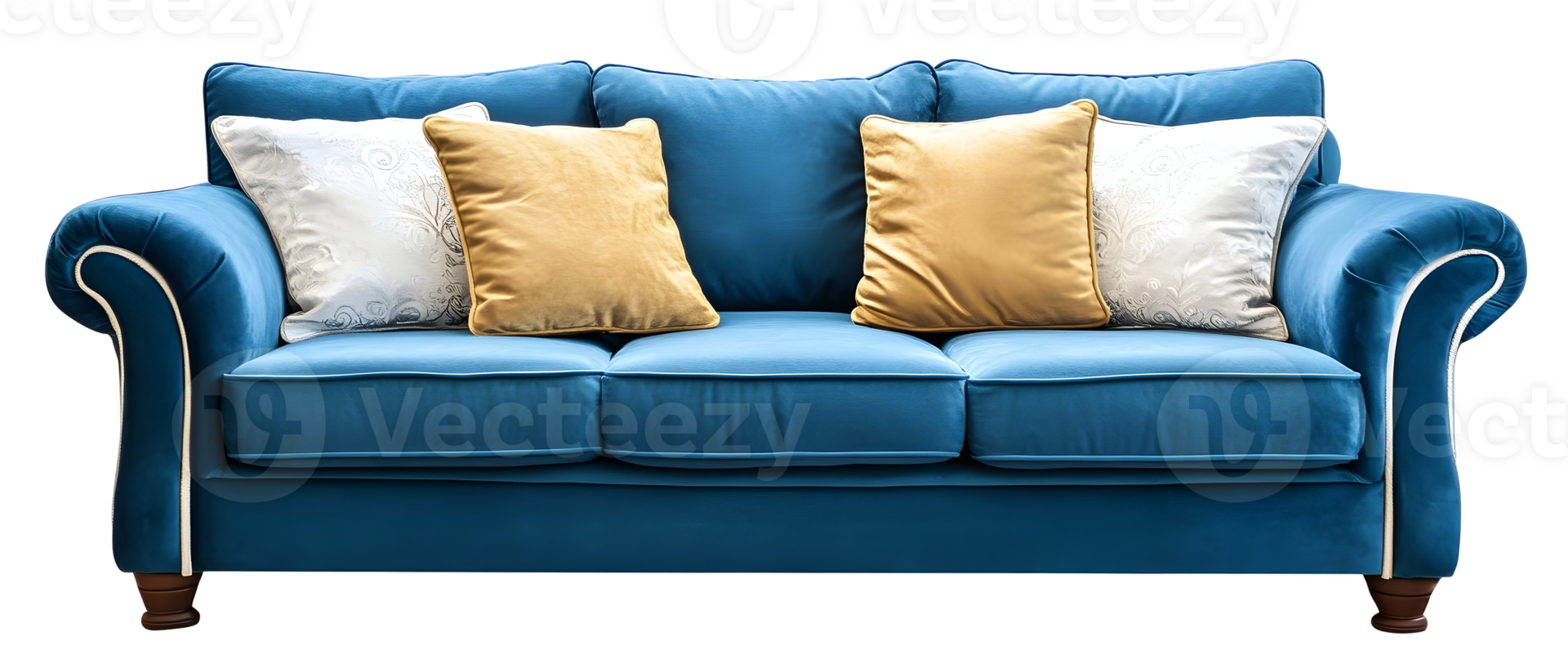 Blue Velvet Sofa With Beige And White Pillows On Transparent Background png