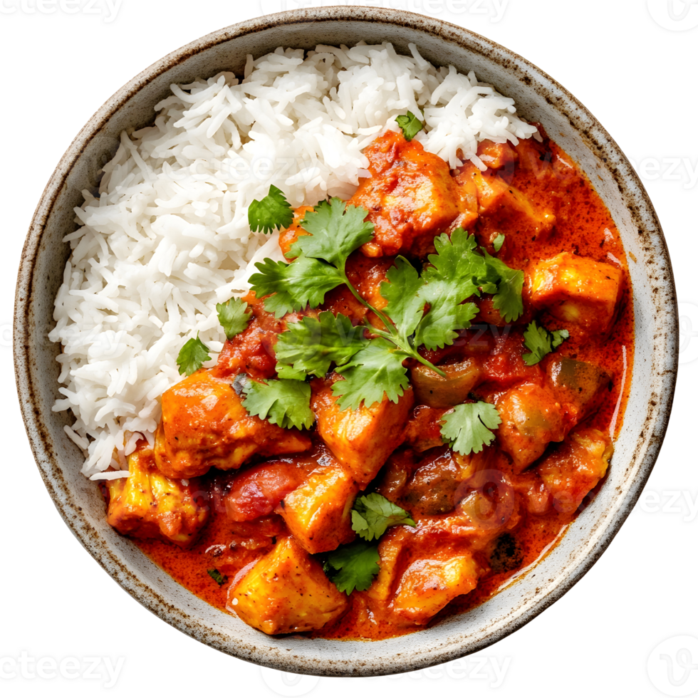 Overhead View Of A Bowl Of Chicken Curry And White Rice Garnished With Fresh Cilantro Leaves On A Transparent Background png