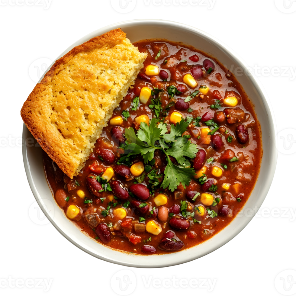 Close Up Top View of a Hearty Soup Bowl with Corn and Beans Accompanied by Crispy Bread on a Transparent Background png