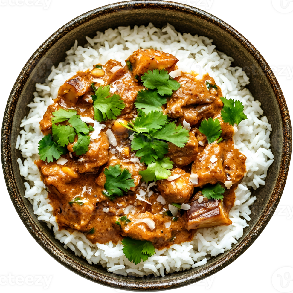Overhead View Of A Delicious Curry Dish Served Over White Rice With Fresh Cilantro and Coconut Flakes png