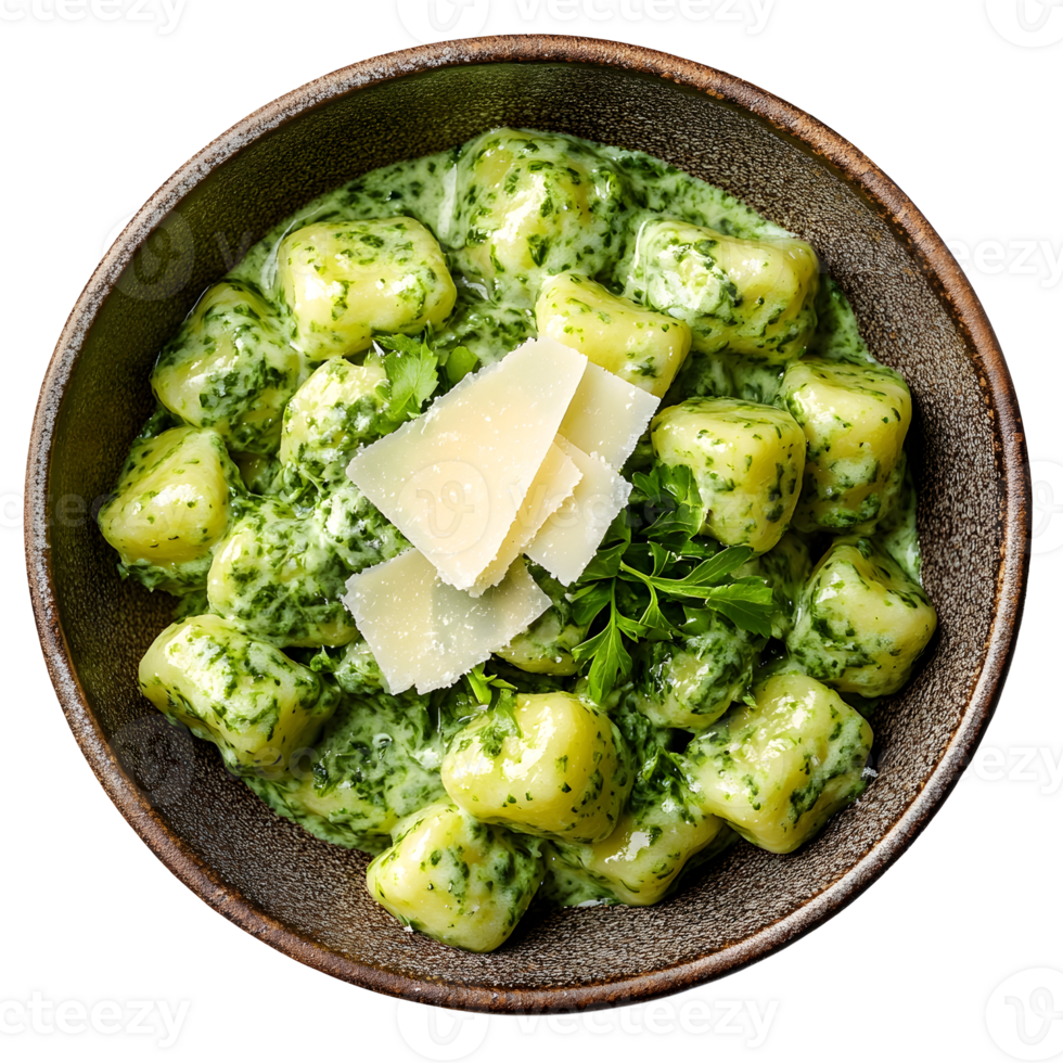 Overhead View of Creamy Green Gnocchi Pasta Dish with Parmesan Cheese and Herbs on a Brown Bowl Isolated Against Transparent Background png