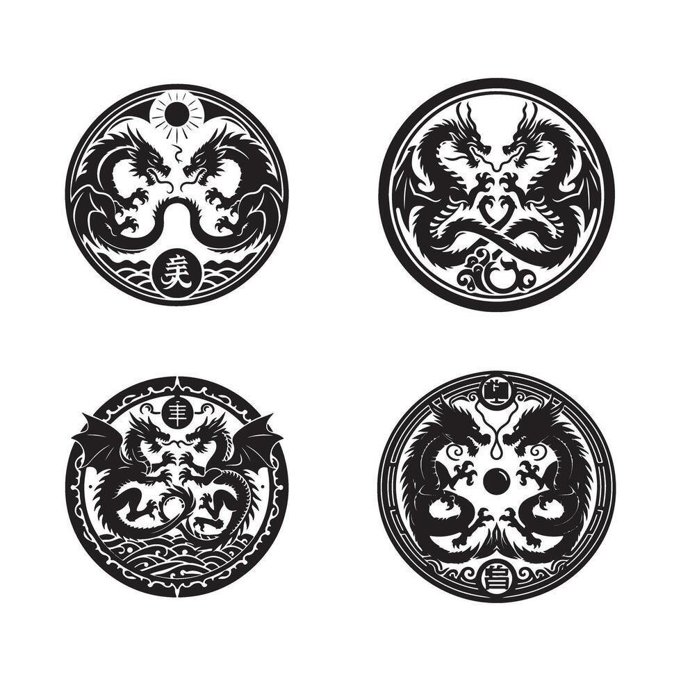 Four different dragon designs in black and white vector