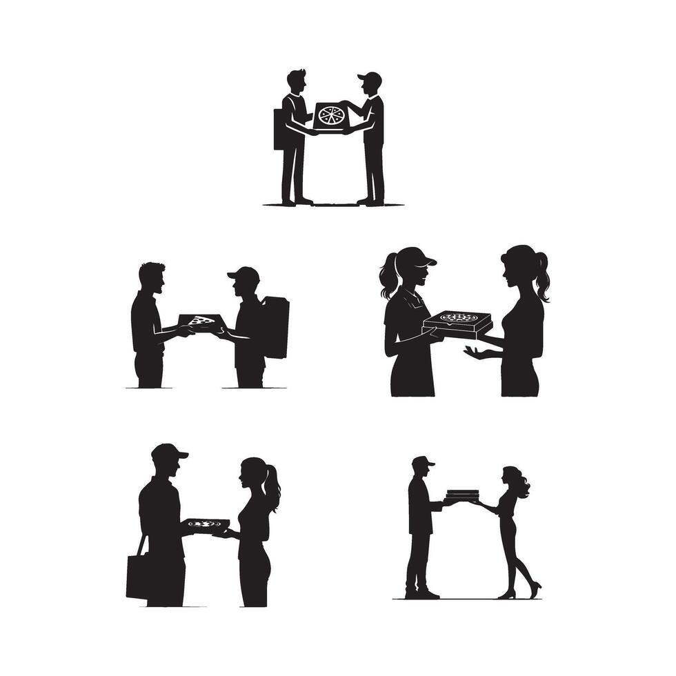 Silhouettes of people delivering pizza illustration vector