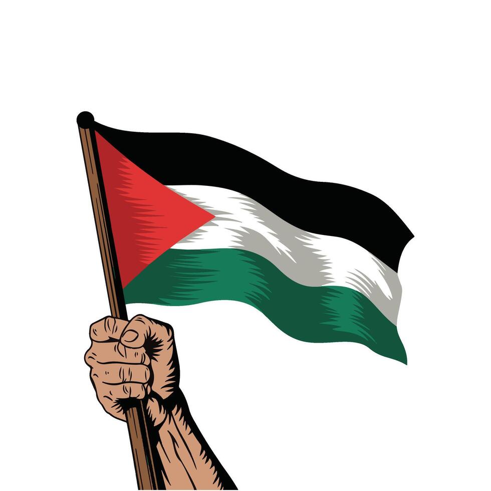hand holding and raising the national flag of palestine vector