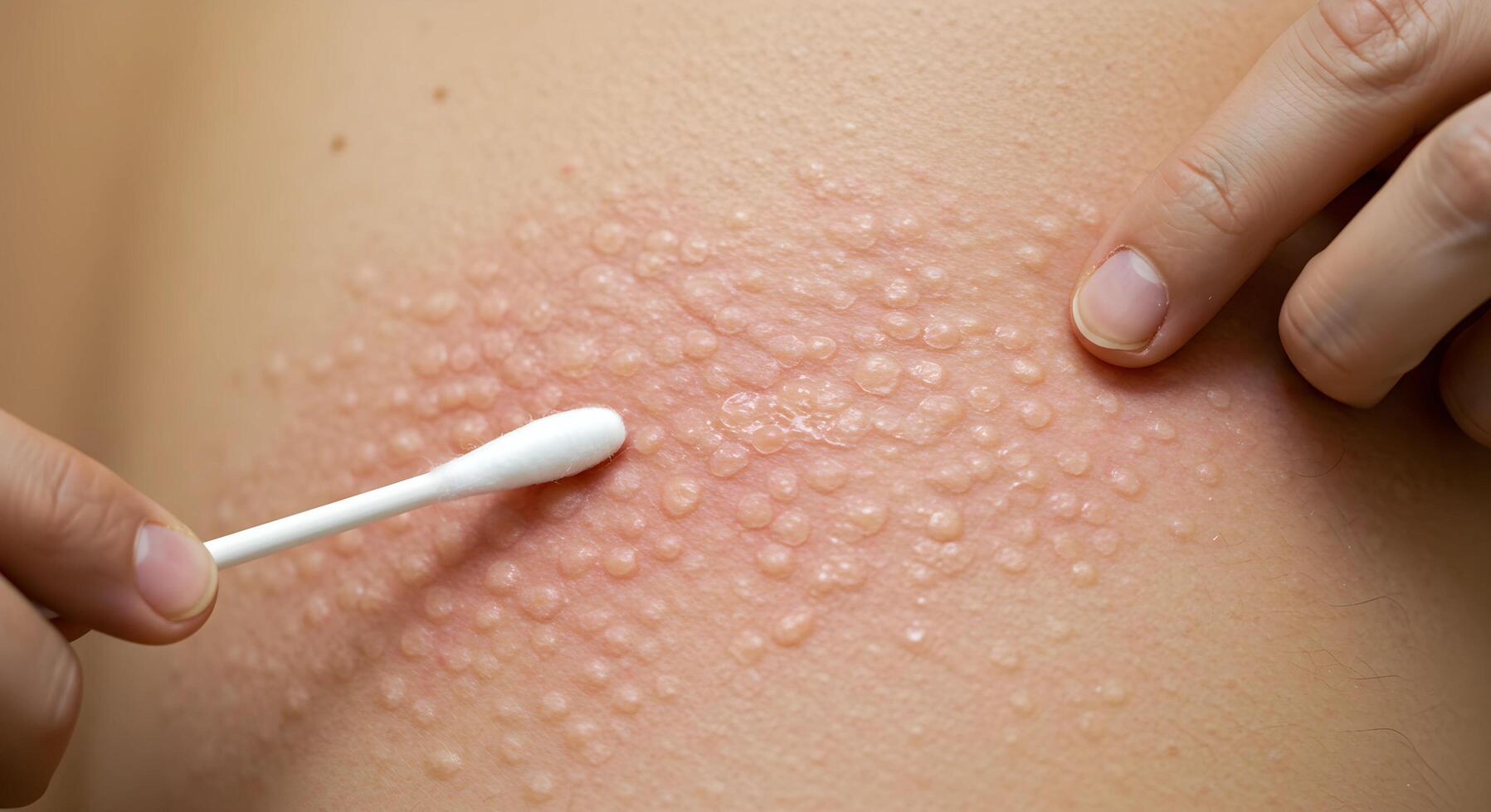 Shingles rash on a woman back, with redness, blisters, and irritated skin clearly visible. photo