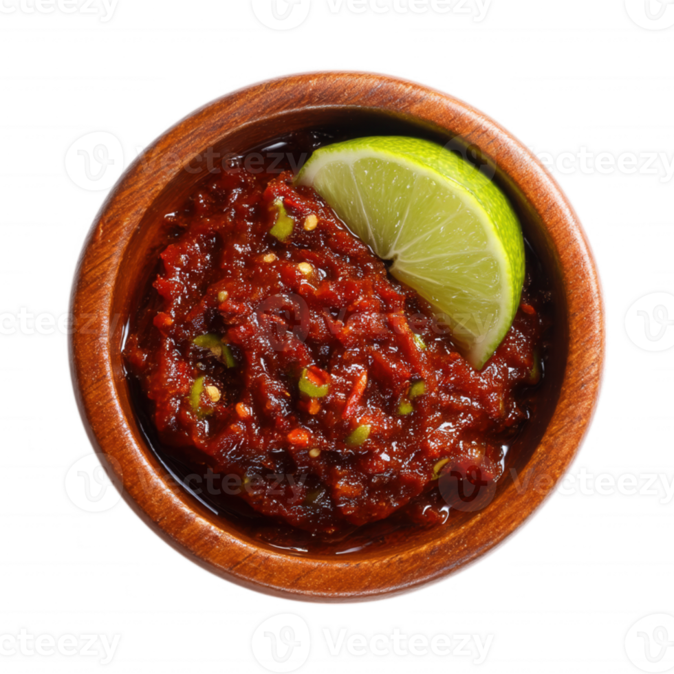 A bowl of red sauce with a lime slice png