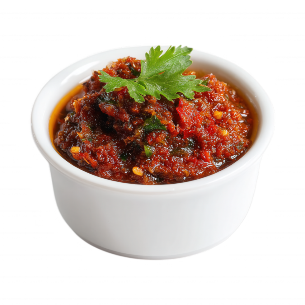 A bowl of red sauce with parsley on top png