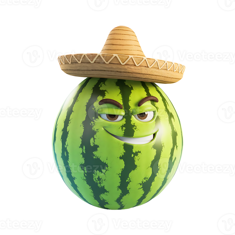 3d Watermelon Character with Sombrero Hat, Funny Cartoon Fruit Illustration on Transparent Background png