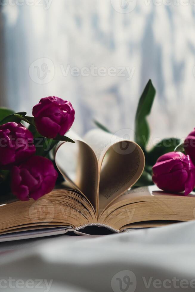 Book pages folded into heart with pink fresh tulips on white bed with trendy deep shadows. Spring flowers gift present. Concept of love literature and education Romantic date postcard wallpaper design Copy space photo