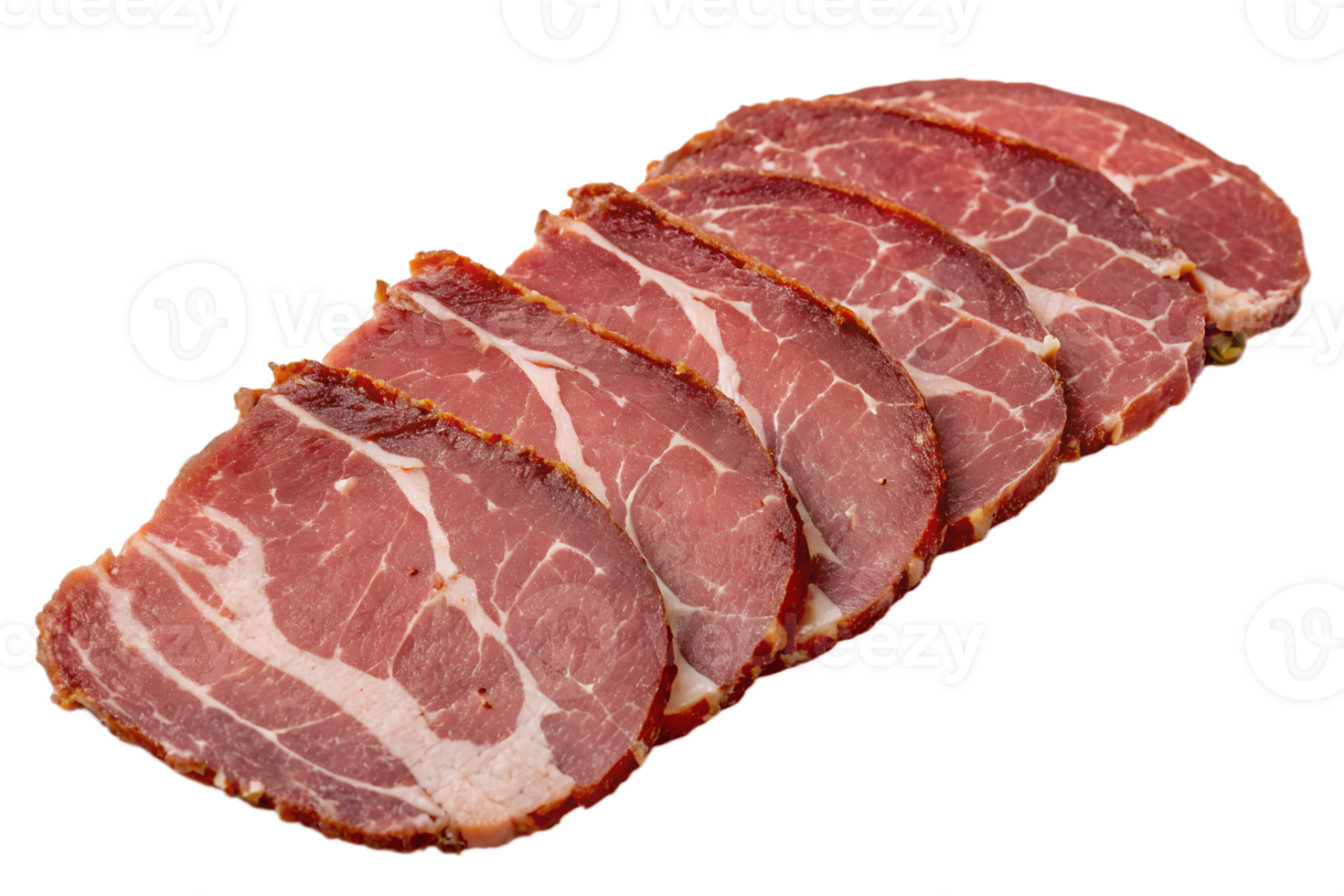 Thin slices of spicy basturma on transparent background, cured beef delicacy for food design or packaging png