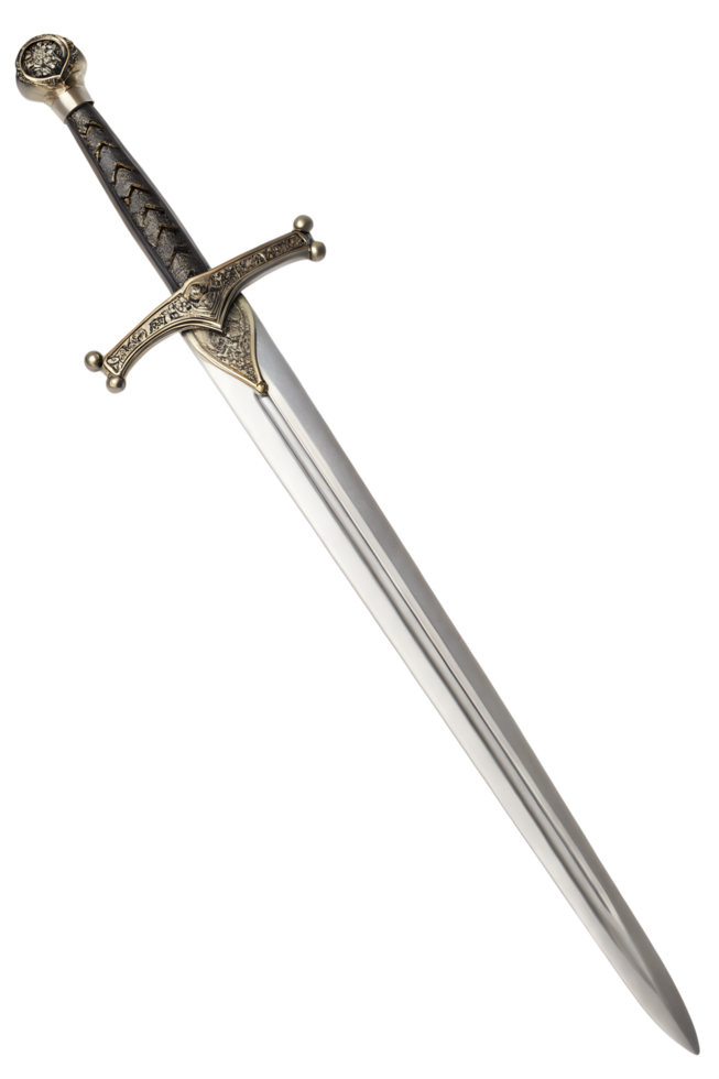 Gleaming medieval longsword with intricate details and a sharp edge isolated on the transparent background png