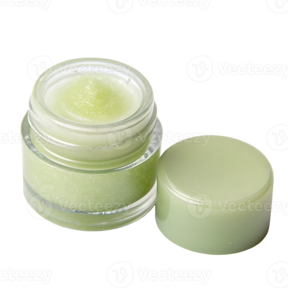 Natural green lip balm with organic ingredients, eco-friendly moisturizing care for lips, herbal cosmetic product png
