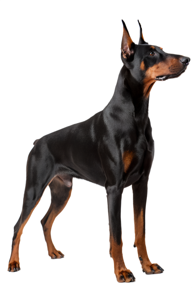 Elegant black Doberman Pinscher dog isolated on the transparent background png