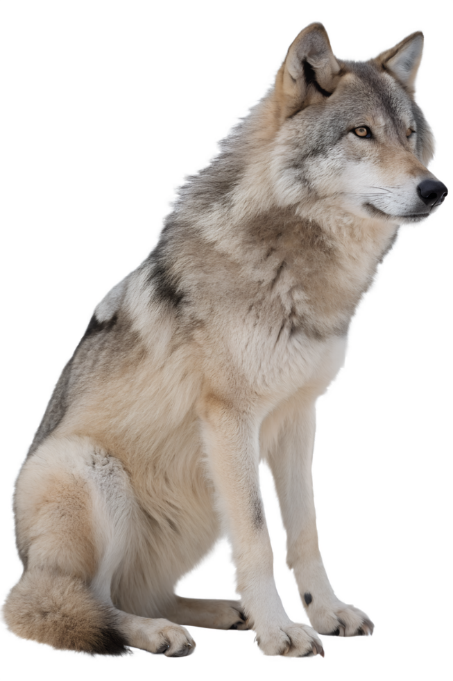 Majestic grey wolf in a relaxed sitting pose isolated on the transparent background png