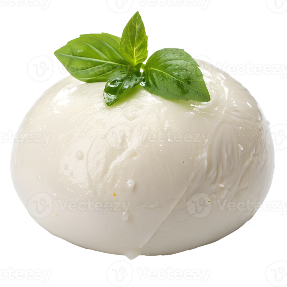 Fresh mozzarella with basil leaf Isolated on the transparent background, italian dairy delicacy png