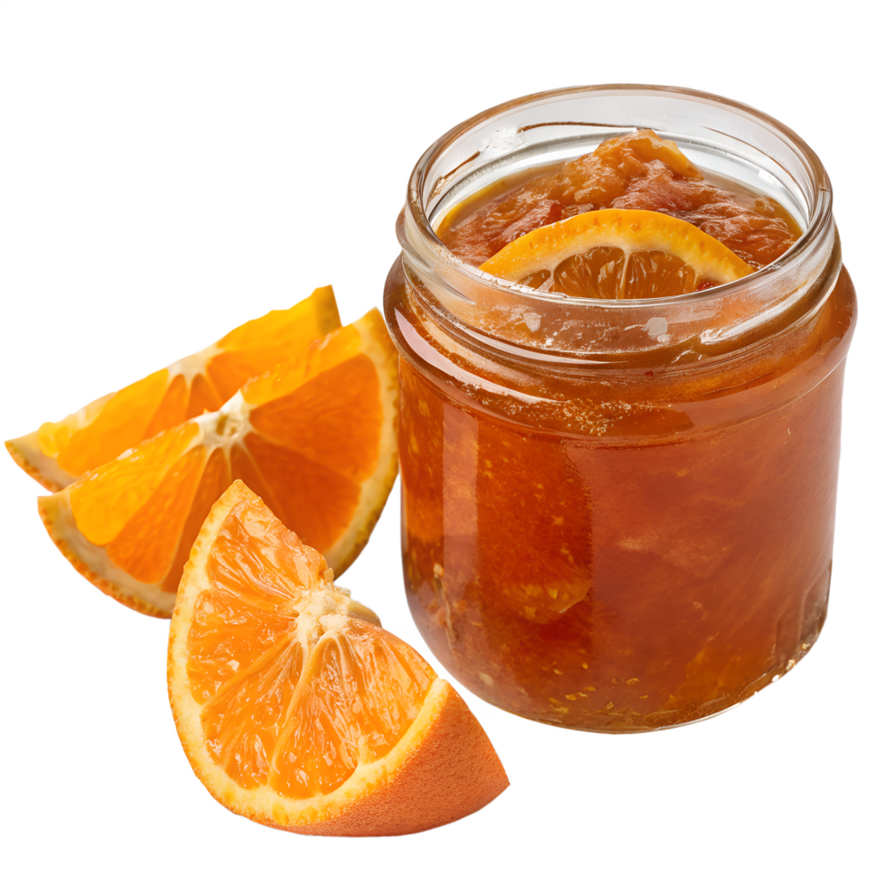Jar of orange marmalade with orange slices isolated on the transparent background png