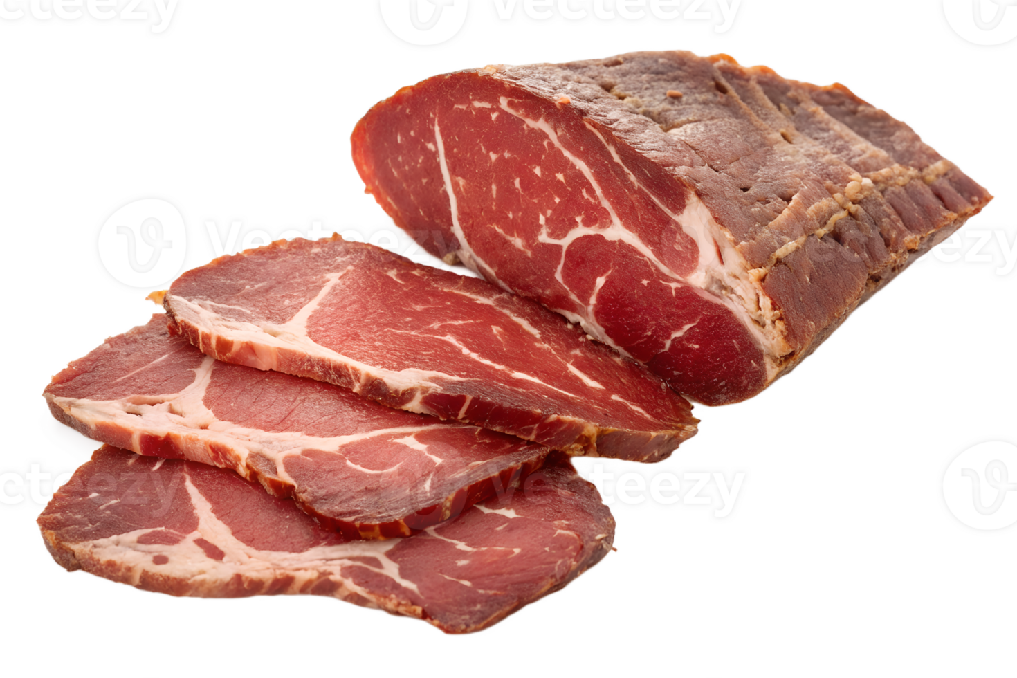 Thin slices of spicy basturma on transparent background, aromatic cured beef delicacy for gourmet food design or labels png