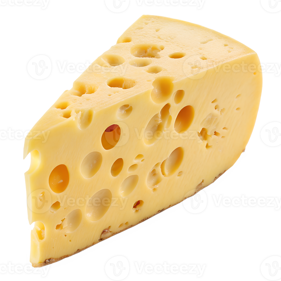 Slice of delicious swiss cheese with holes isolated on the transparent background png