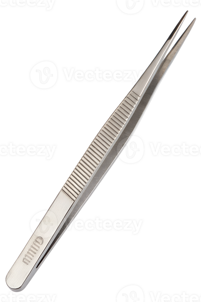 Metal tweezers isolated on transparent background, precision tool for beauty, medical, or lab use png