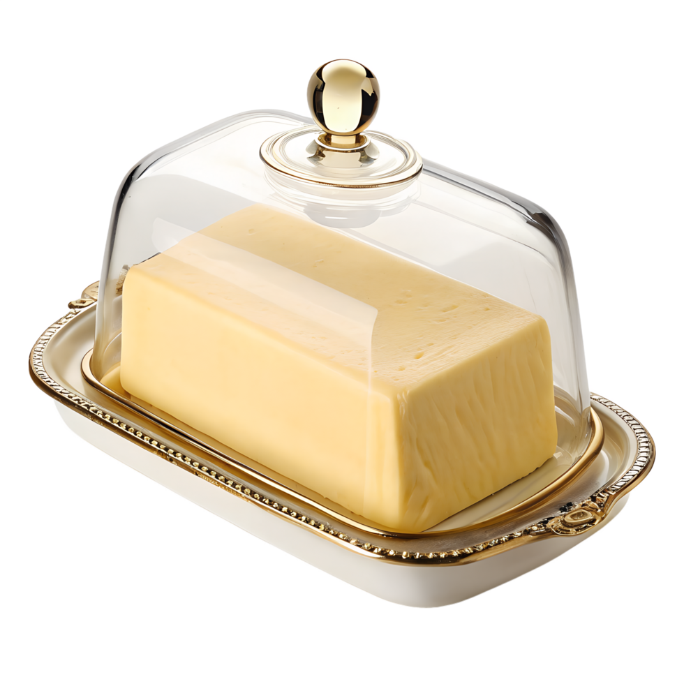 Fresh block of creamy butter in a white dish isolated on transparent background, natural dairy product for cooking and baking png