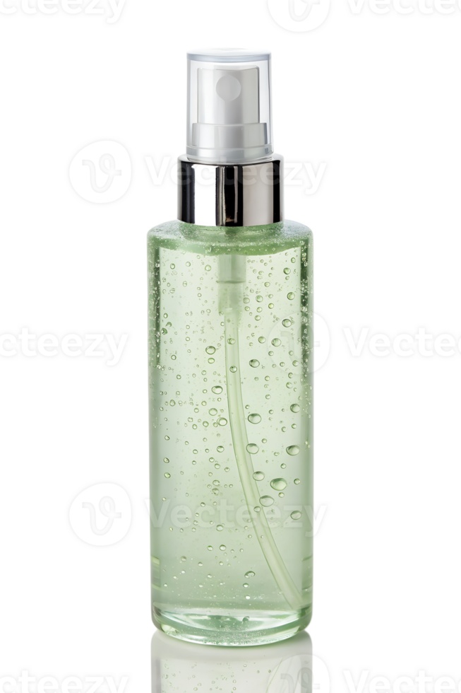 Cosmetic spray bottle with clear light green liquid and bubbles isolated on the transparent background png