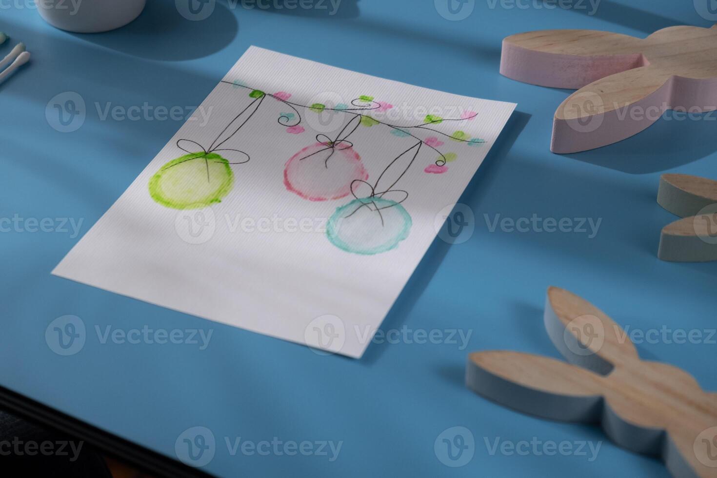 Drawing Easter eggs Storytelling of creating craft Easter greeting card holiday present. Tactile hand-on activity. Master class progress of creative me-made gifts. Seasonal domestic life micro moment hobby. Sustainable living photo