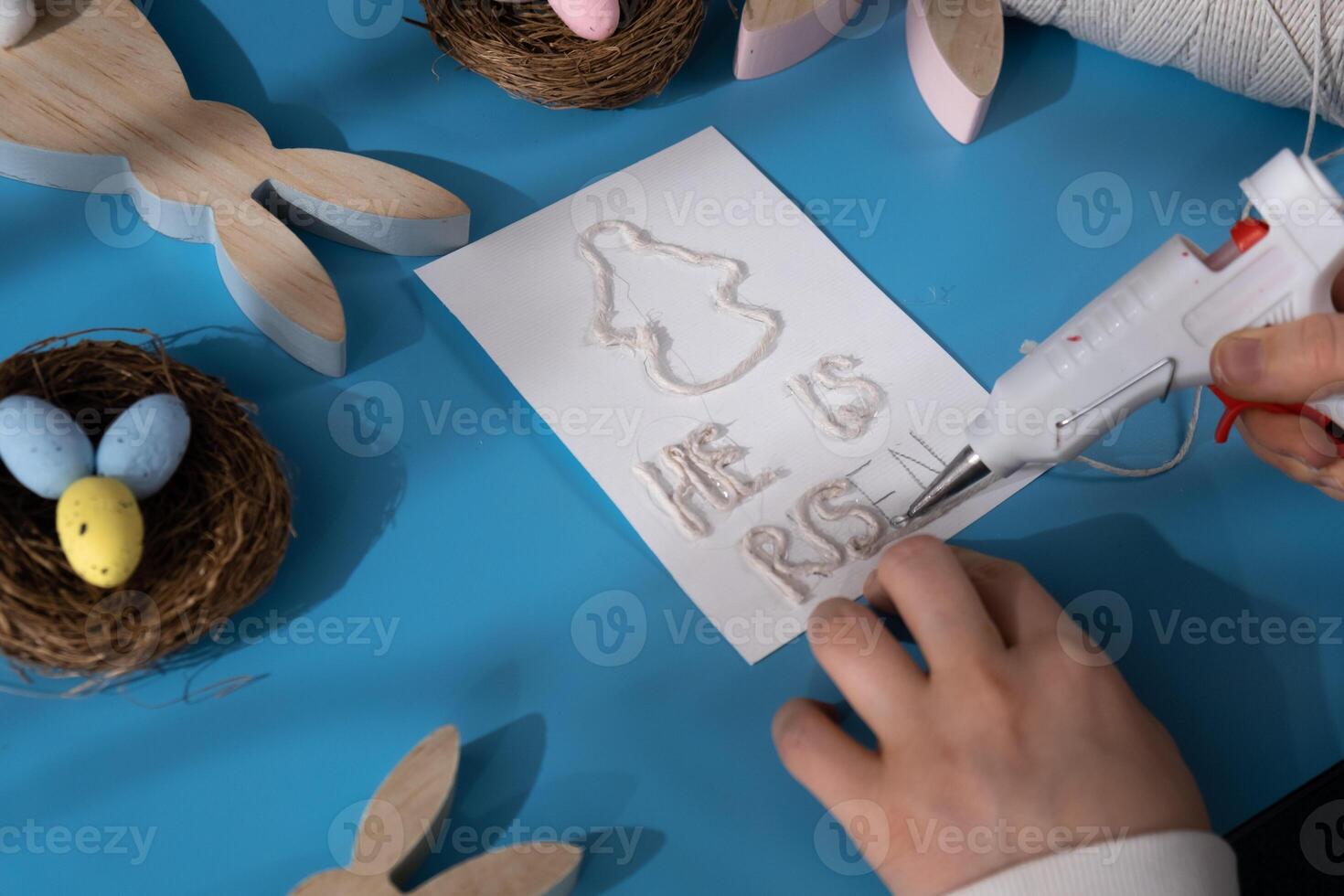 Painting Easter angel CHRIST IS RISEN phrase Gift Easter idea. Do it yourself instruction postcard eco-friendly decoration. Making handmade art presents children's diy projects. Spring holiday family time. Creative activity photo
