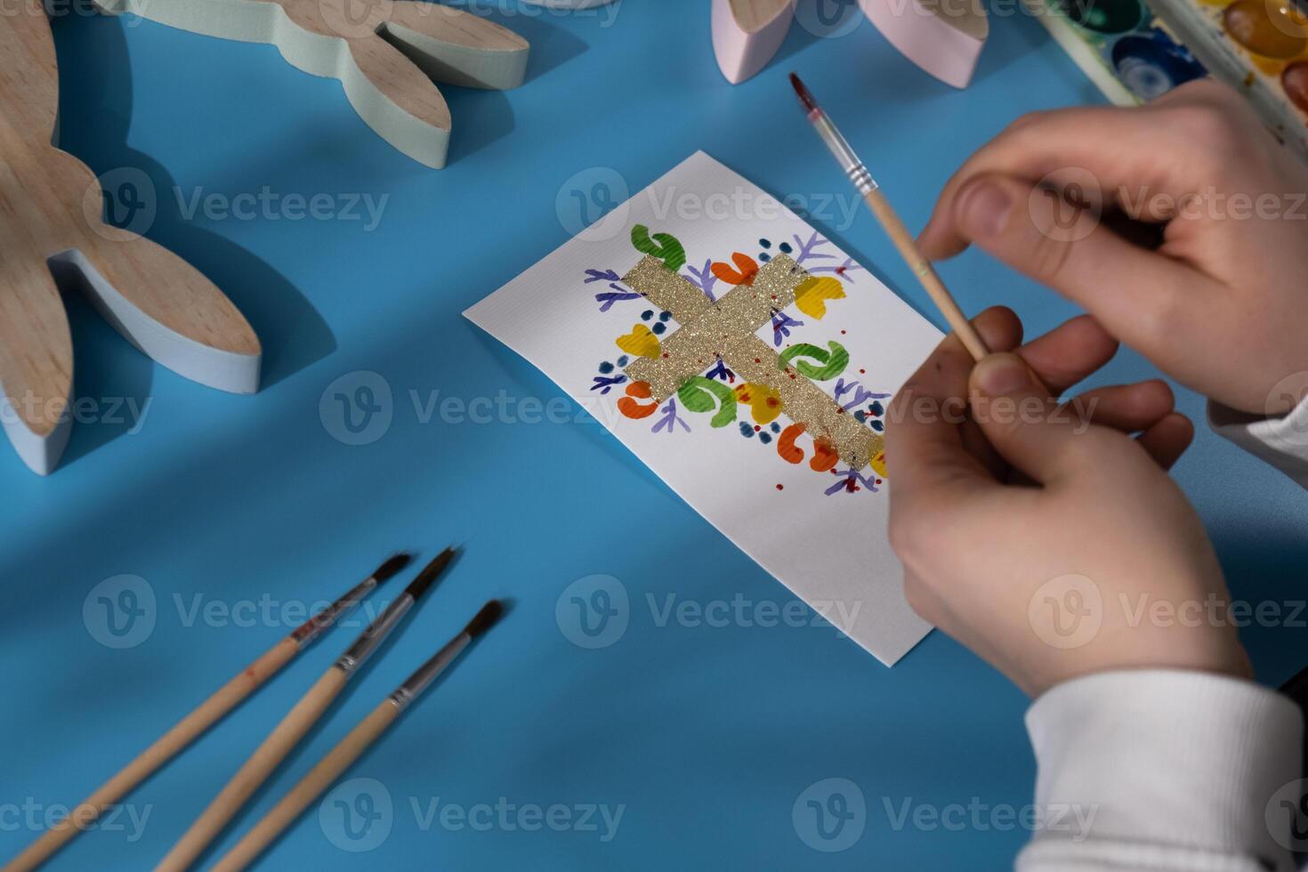 EASTER cross painting with message CHRIST THE LORD IS RISEN TODAY Sustainable preparation Diy process of making handmade greeting cards. Step by step activity for children. Inclusive and responsible stress relief holiday hobby. Conscious celebration photo