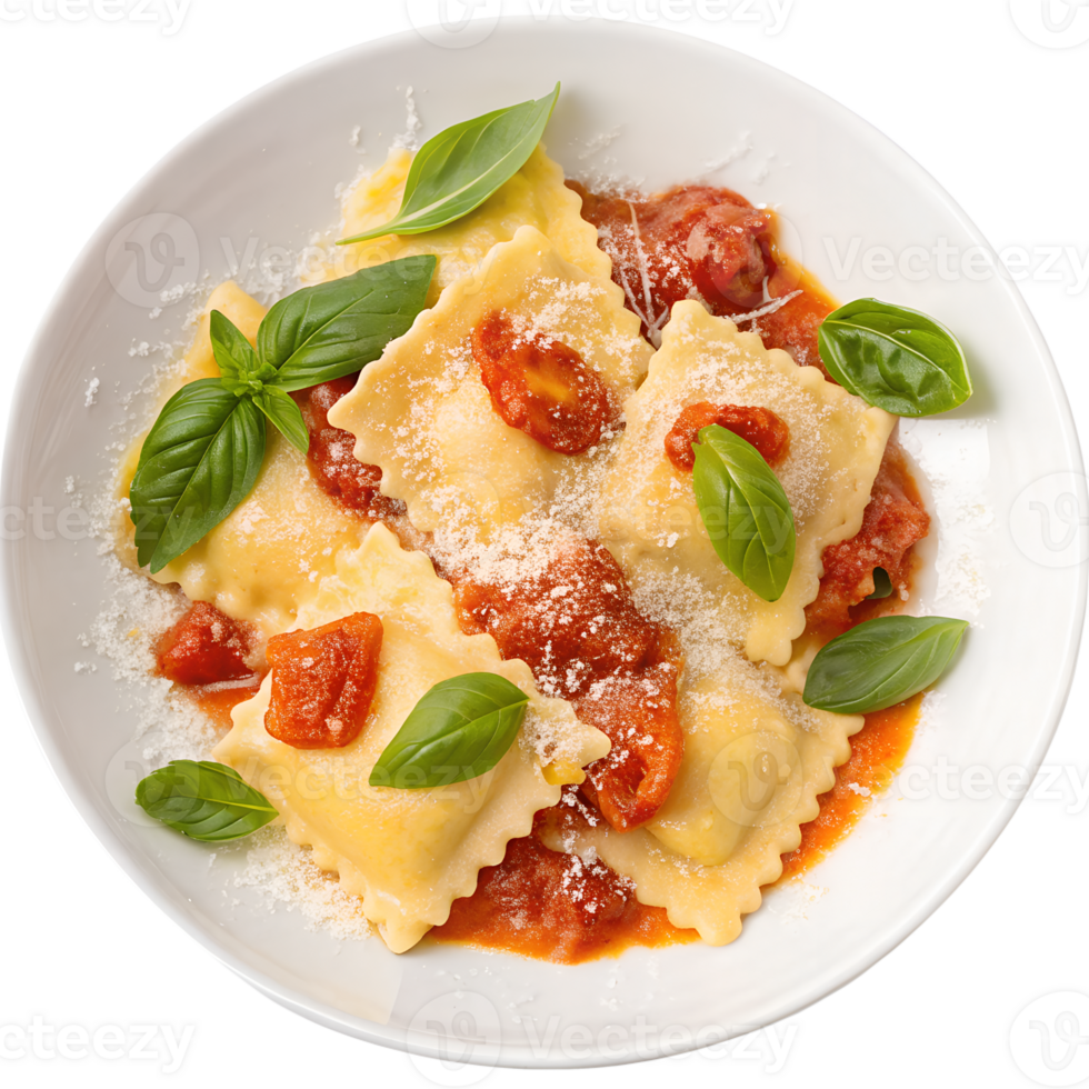 Delicious ravioli with tomato sauce and fresh basil isolated on the transparent background png