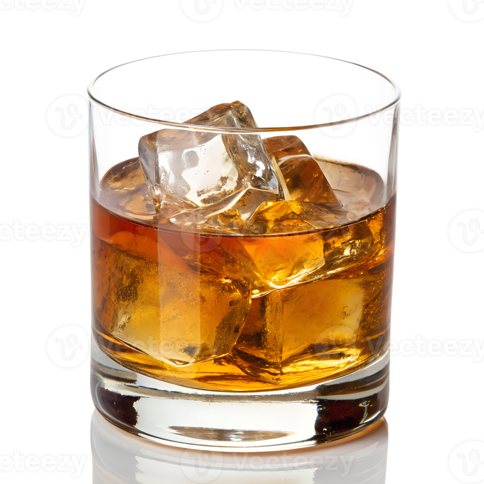 Single malt whiskey in a crystal glass with melting ice cubes, minimalist luxury drink presentation png