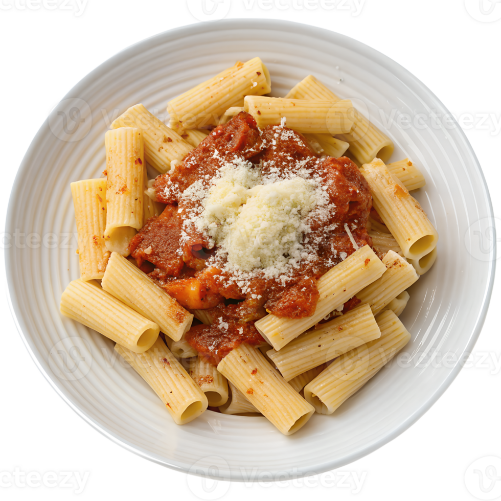 Rigatoni pasta with tomato sauce and cheese view from the top isolated on the transparent background png