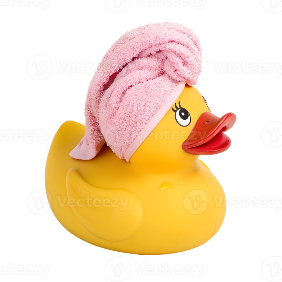 Rubber duck toy with a pink towel on its head isolated on the transparent background png
