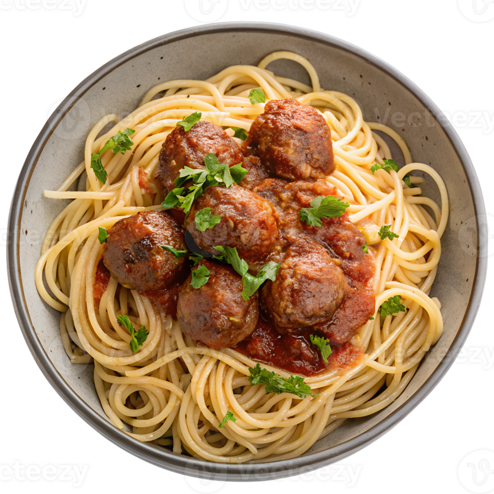 Spaghetti with meatballs view from the top isolated on the transparent background png