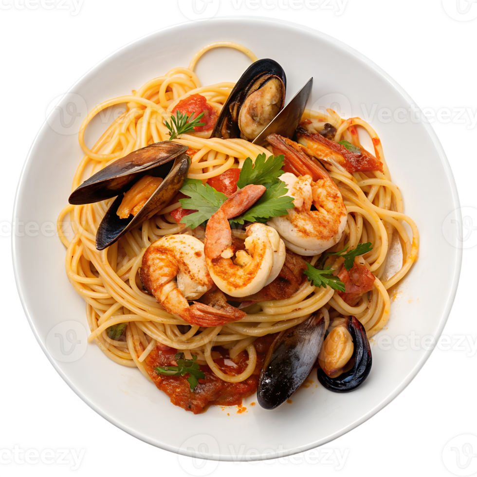 Delicious spaghetti with seafood on a white plate view from the top isolated on the transparent background png