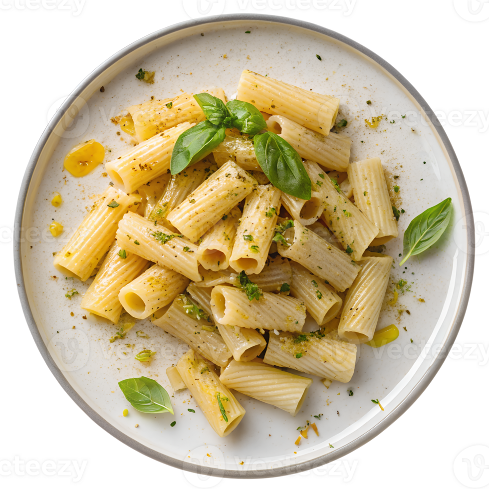 Rigatoni pasta with pesto and basil view from the top isolated on the transparent background png