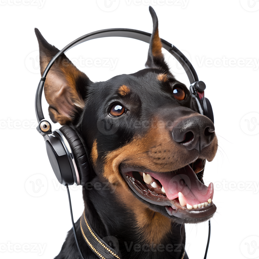 Doberman pinscher with headphones, calmly enjoying tunes with alert ears and noble expression png