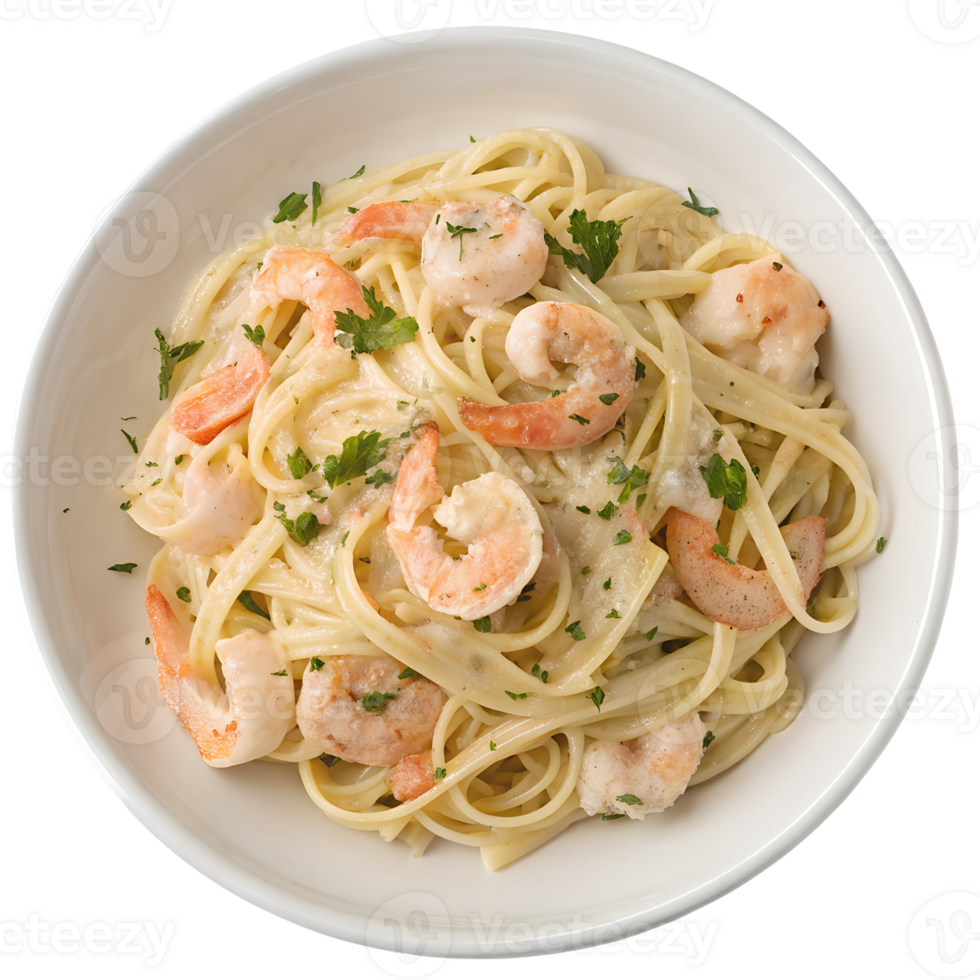 Delicious pasta with shrimps and cream sauce on a white plate view from the top isolated on the transparent background png