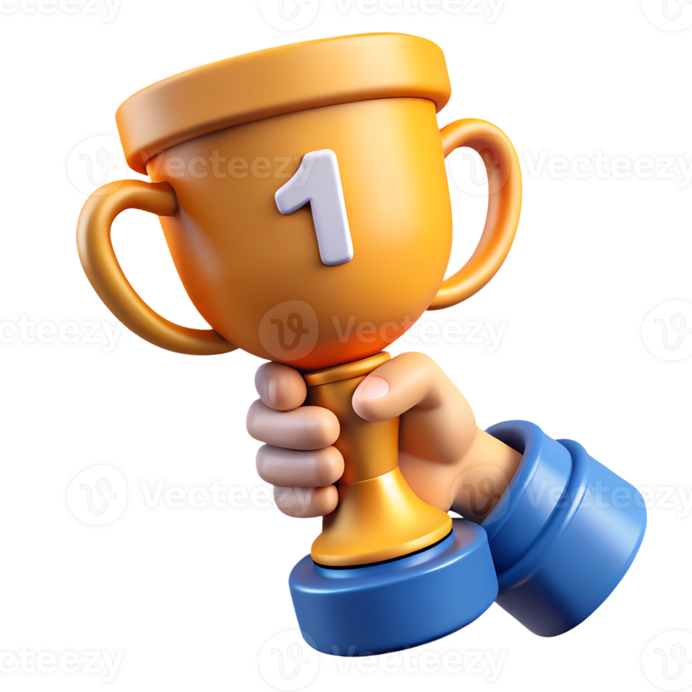 3D rendered hand holding a shiny golden first place trophy with 'number one' engraving, symbolizing victory and success png