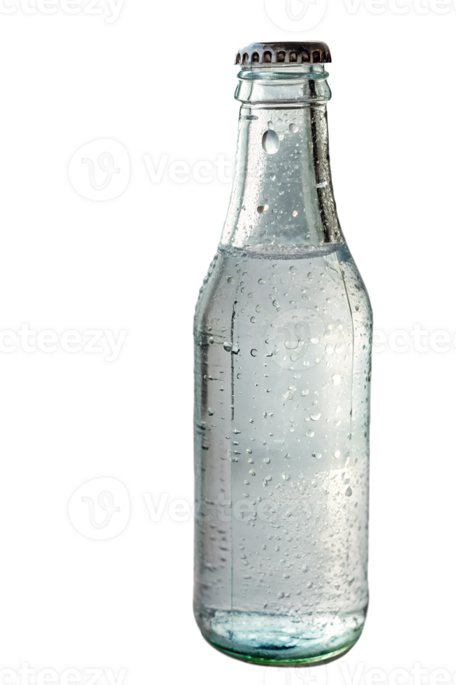 Clear glass water bottle with refreshing drops of cold water png