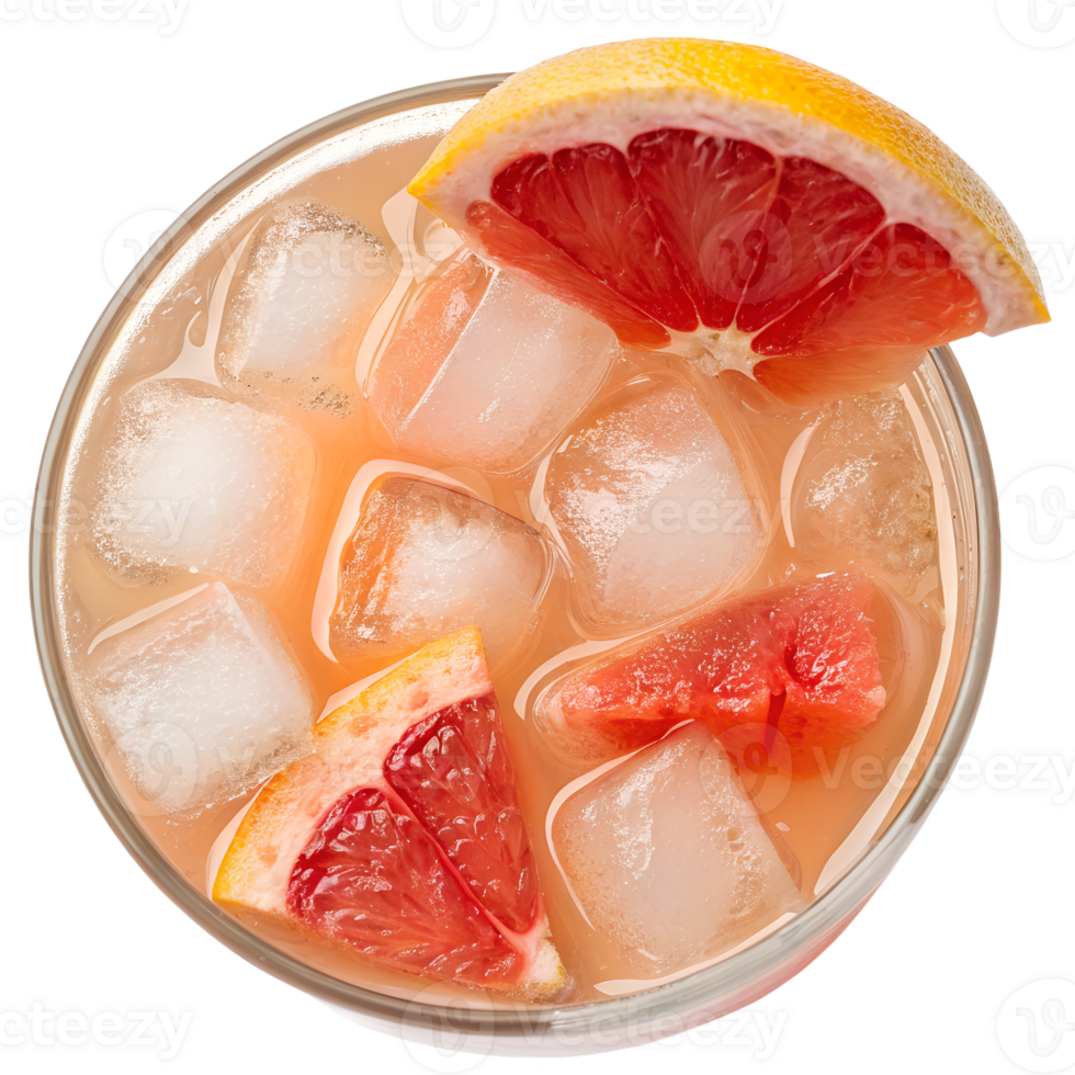 Refreshing grapefruit lemonade with ice cubes, view from the top, natural beverage png