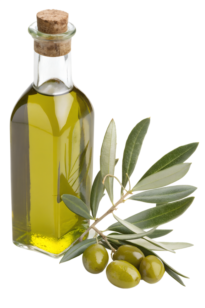 Glass olive oil bottle with fresh olives and olive branch, natural mediterranean extra virgin oil product png