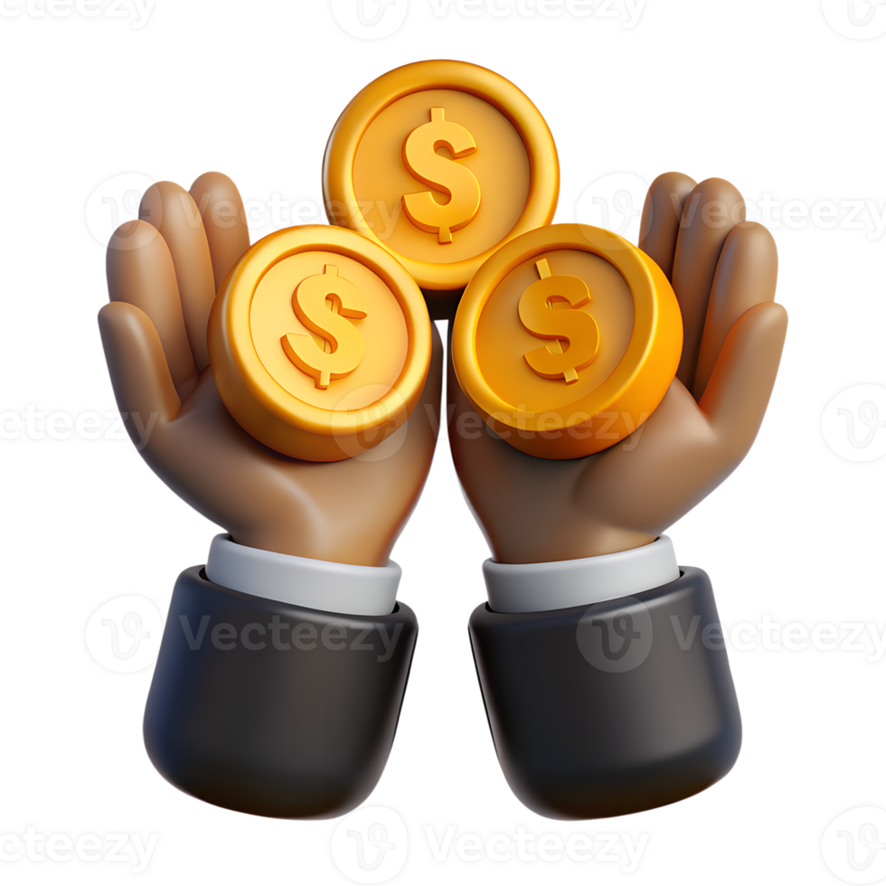 Hands holding gold coins representing financial success 3d illustration png