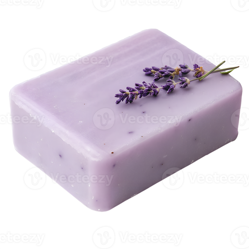Natural lavender soap bar isolated on transparent background, fresh herbal fragrance with purple flowers, minimalist skincare product png