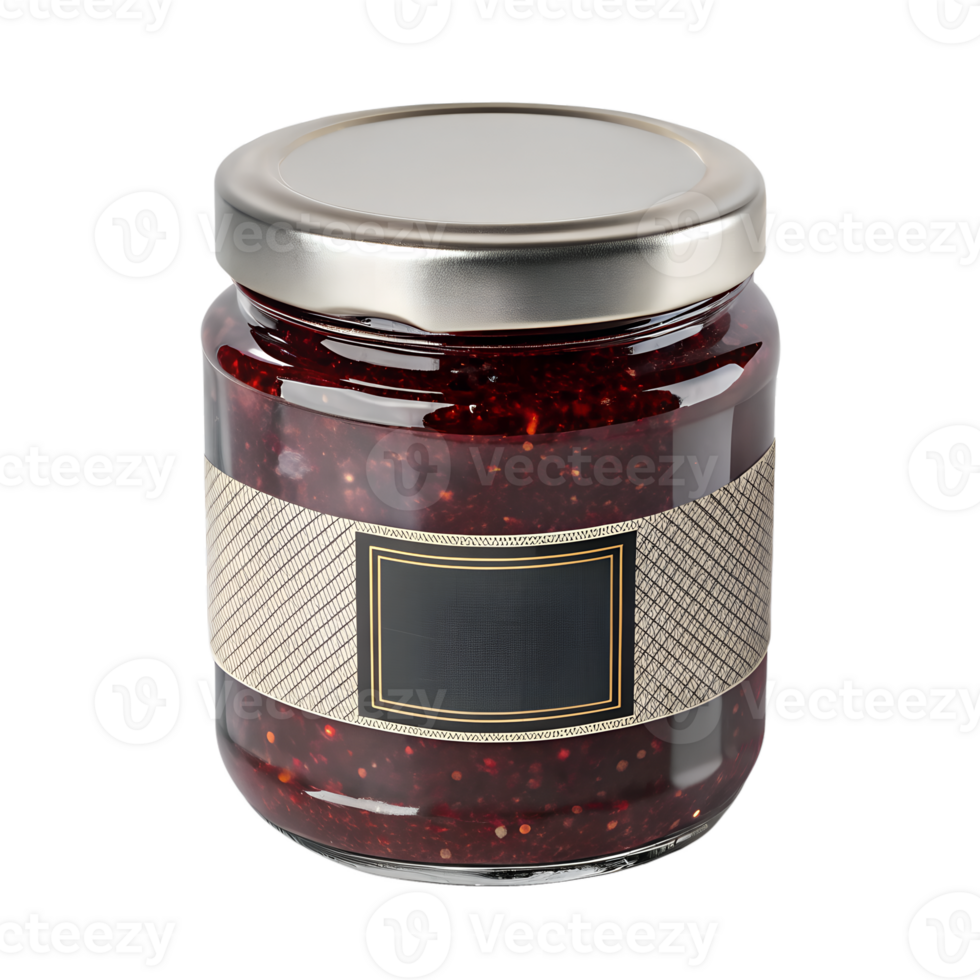 Glass jar of homemade strawberry jam with silver lid, sweet homemade conserve and toast topping png