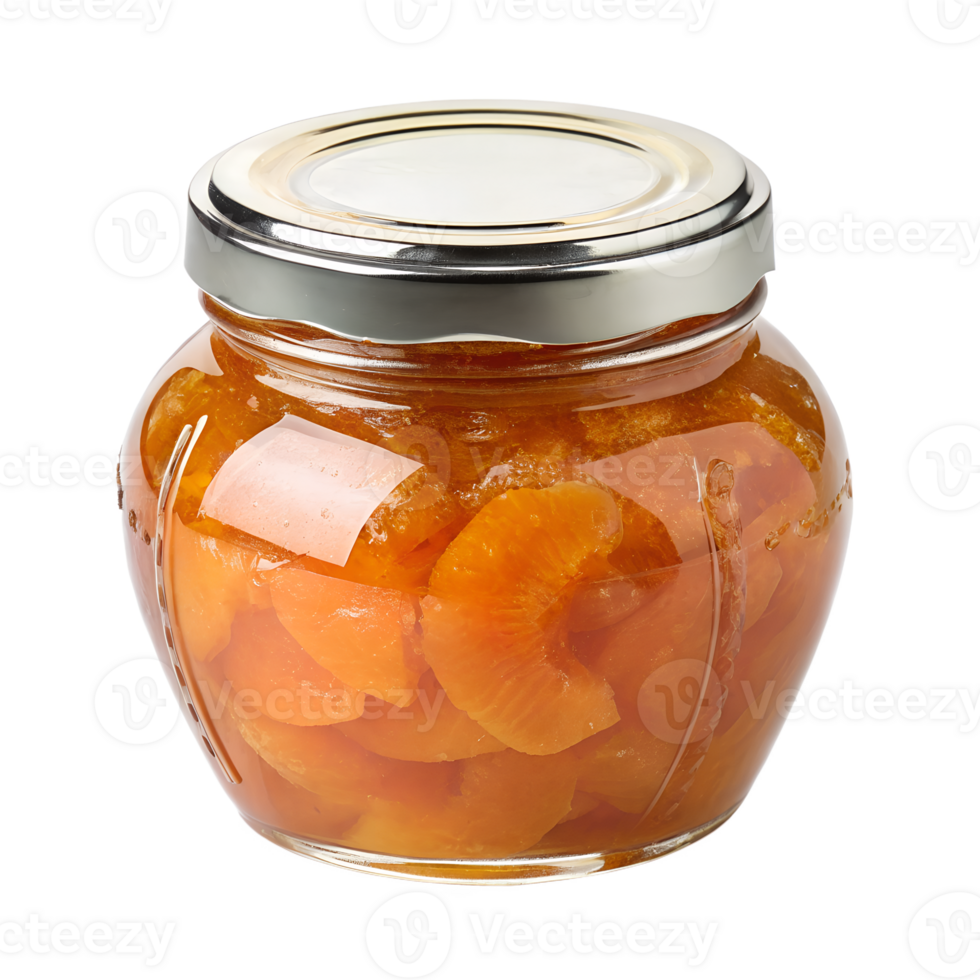 Glass jar of homemade tangerine jam with citrus slices, sweet preserves png