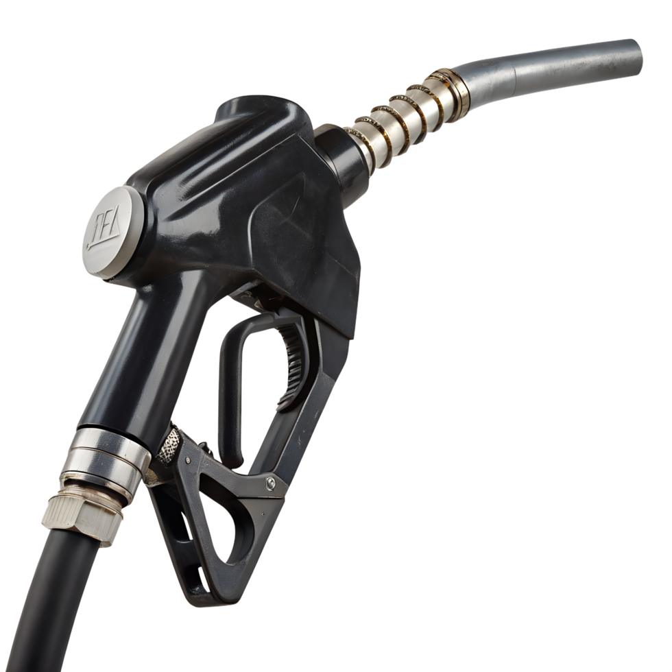 Detailed black fuel nozzle on transparent background, automotive refueling equipment png