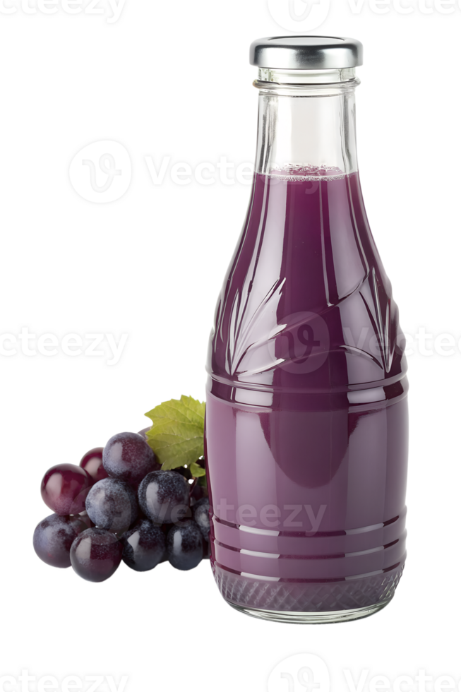 Purple grape juice in glass bottle with cluster of fresh grapes, organic drink presentation png