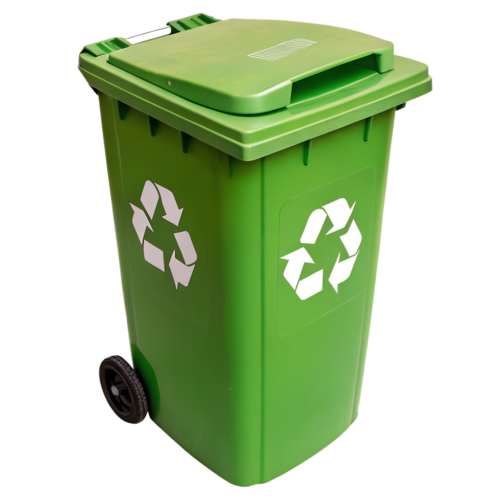 Green recycling container with recycling symbol, promoting sustainability png