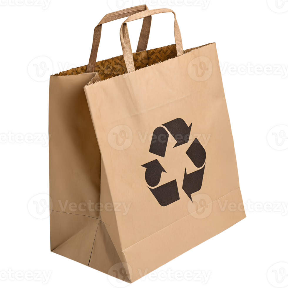 Simple brown paper shopping bag with recycling symbol, eco-friendly sustainable packaging concept png
