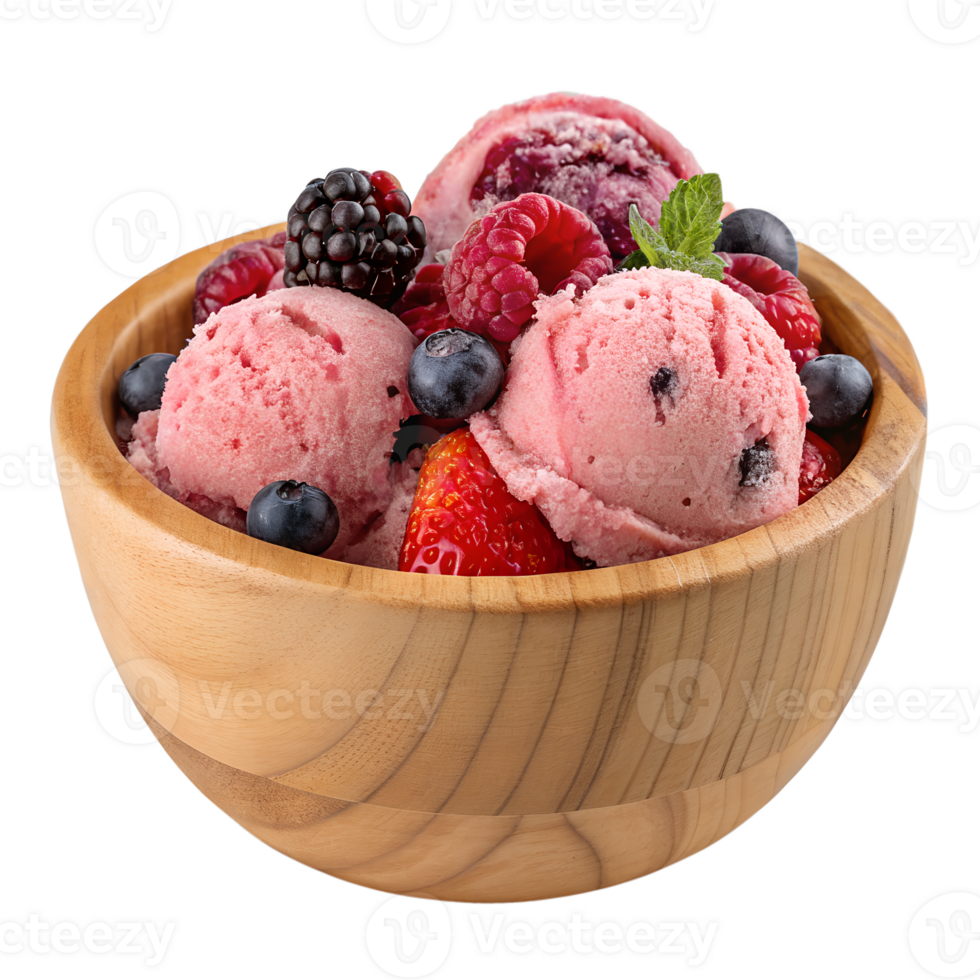 Delicious mixed berry ice cream in a rustic wooden bowl, fresh summer dessert png
